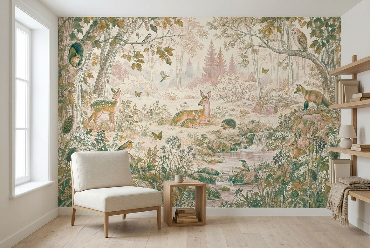 Vintage Woodland Stream Wallpaper Storybook Forest Wall Mural