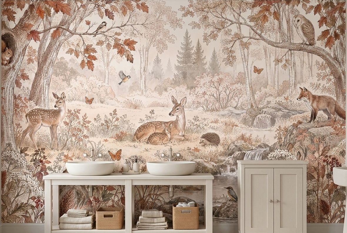 Autumn Forest Wildlife Wallpaper Cream Ground Wall Mural