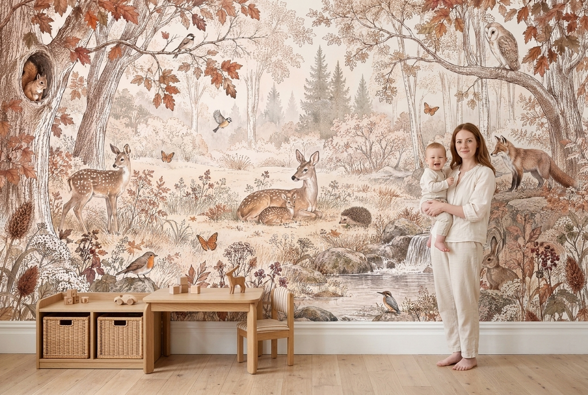 Autumn Forest Wildlife Wallpaper Cream Ground Wall Mural