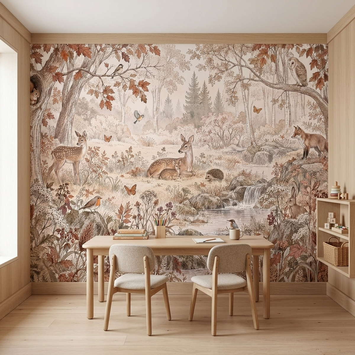 Autumn Forest Wildlife Wallpaper Cream Ground Wall Mural
