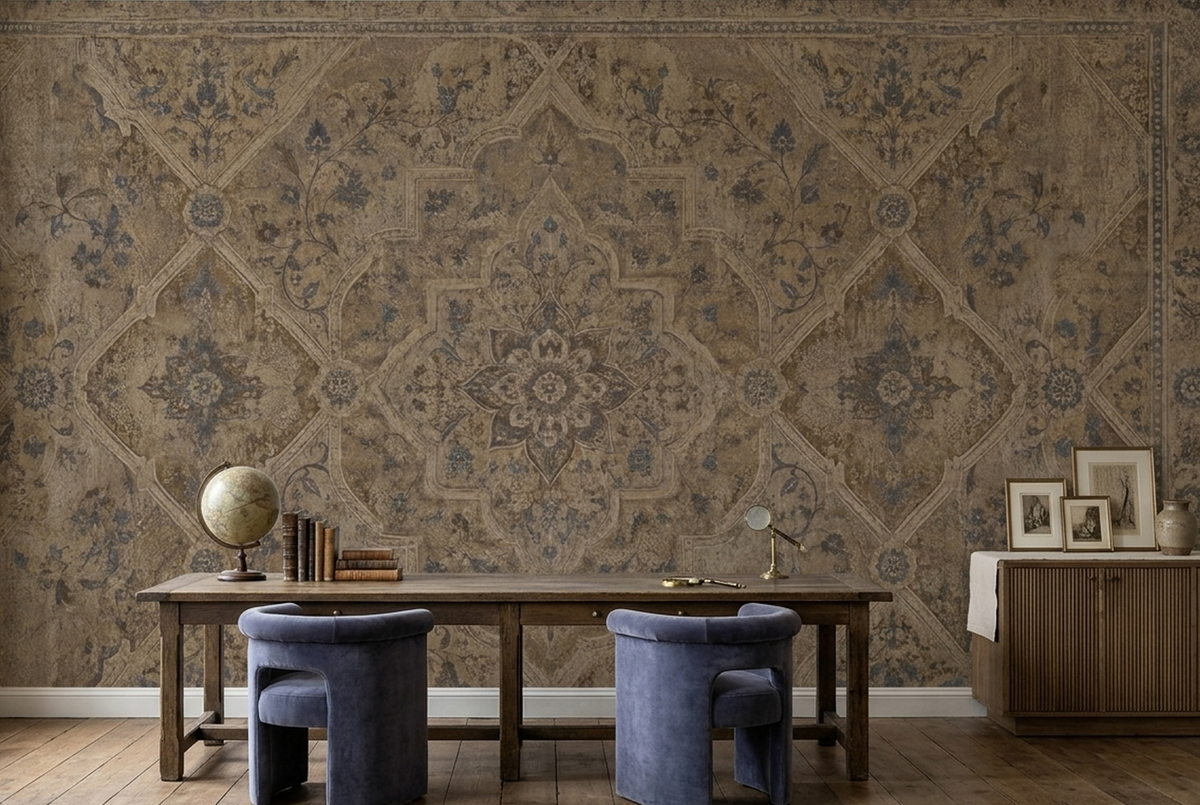 Distressed Ornamental Medallion Wallpaper Antique Rug Look Wall Mural