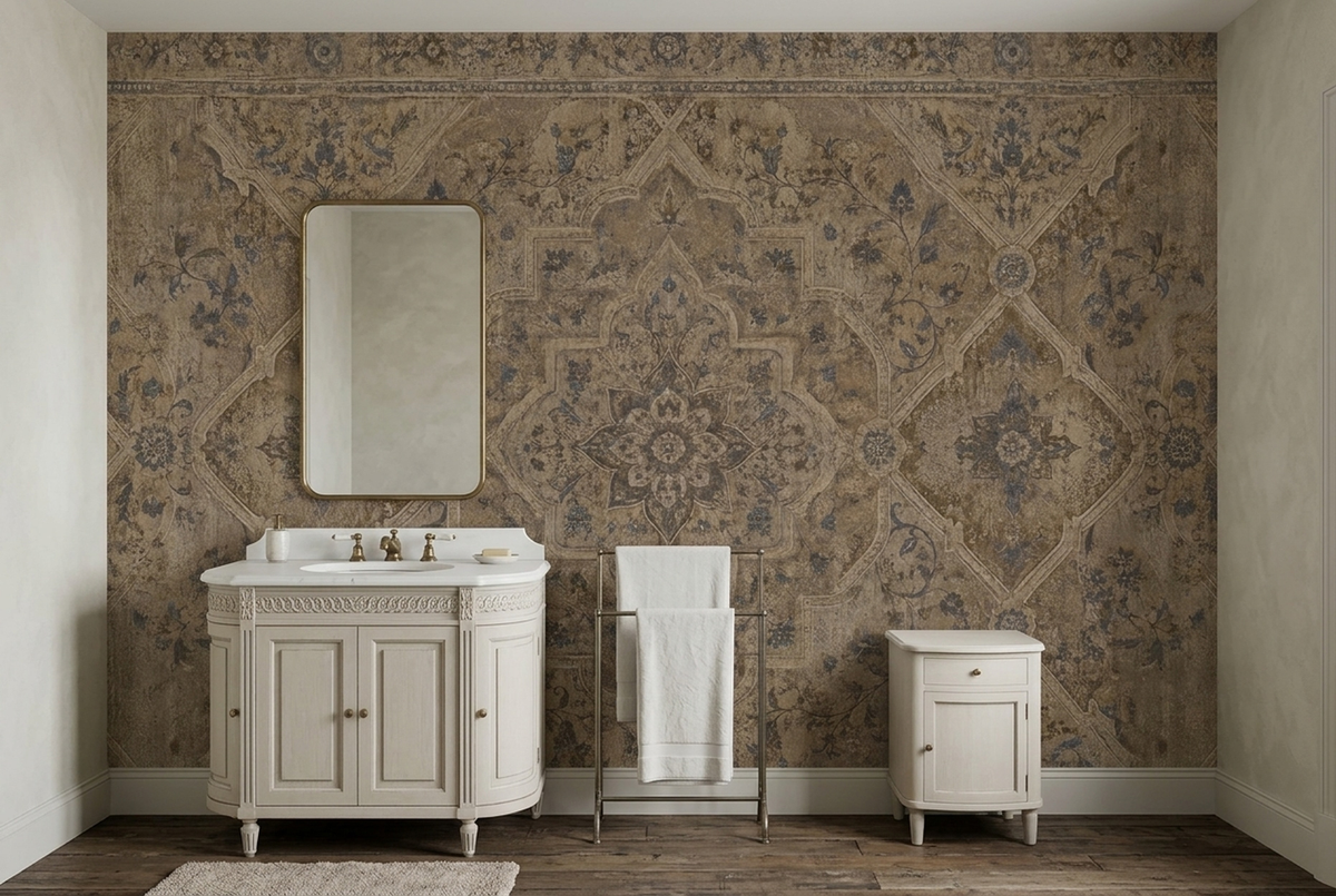 Distressed Ornamental Medallion Wallpaper Antique Rug Look Wall Mural