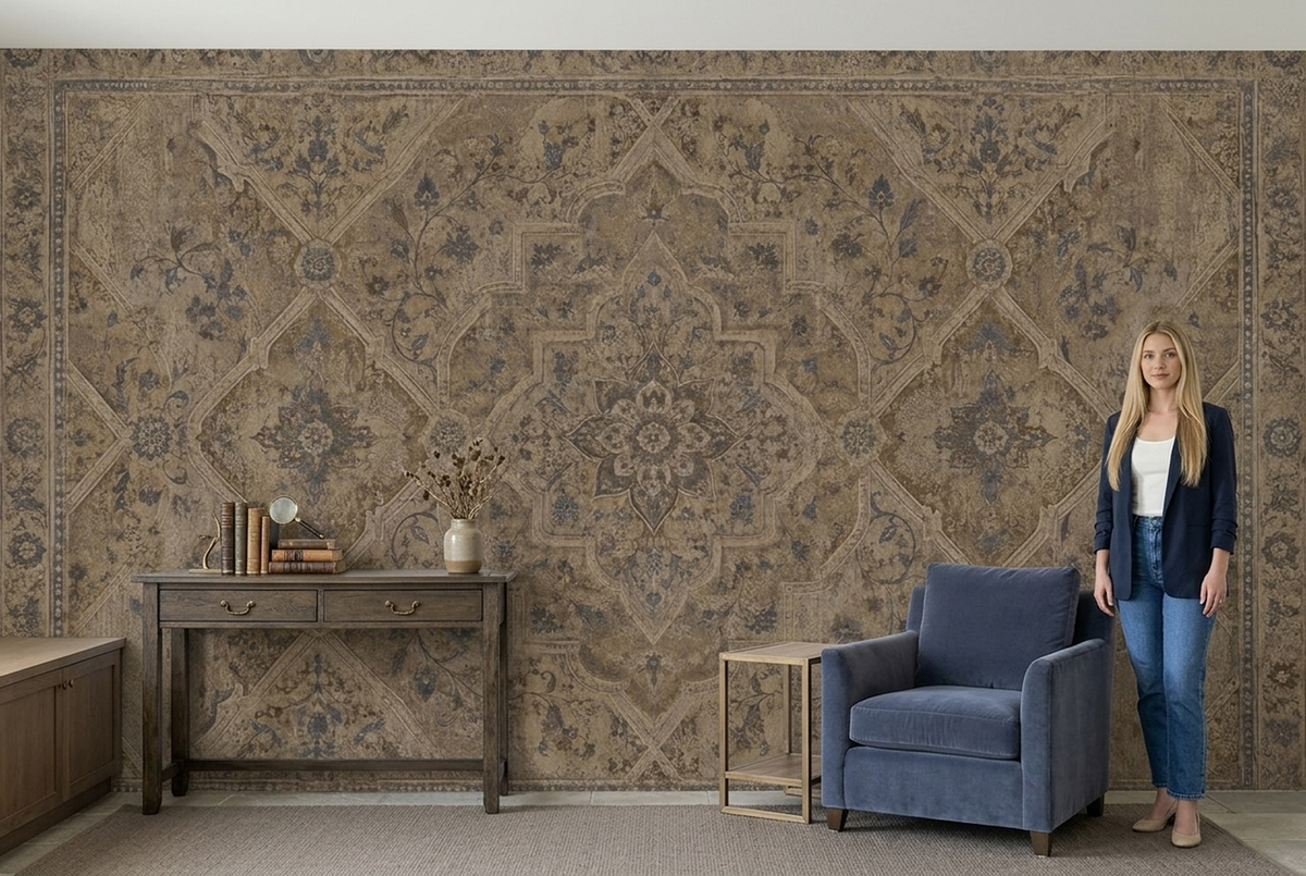 Distressed Ornamental Medallion Wallpaper Antique Rug Look Wall Mural