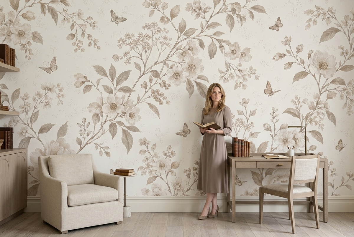 Sepia Floral Branches Wallpaper Neutral Vintage Wall Mural