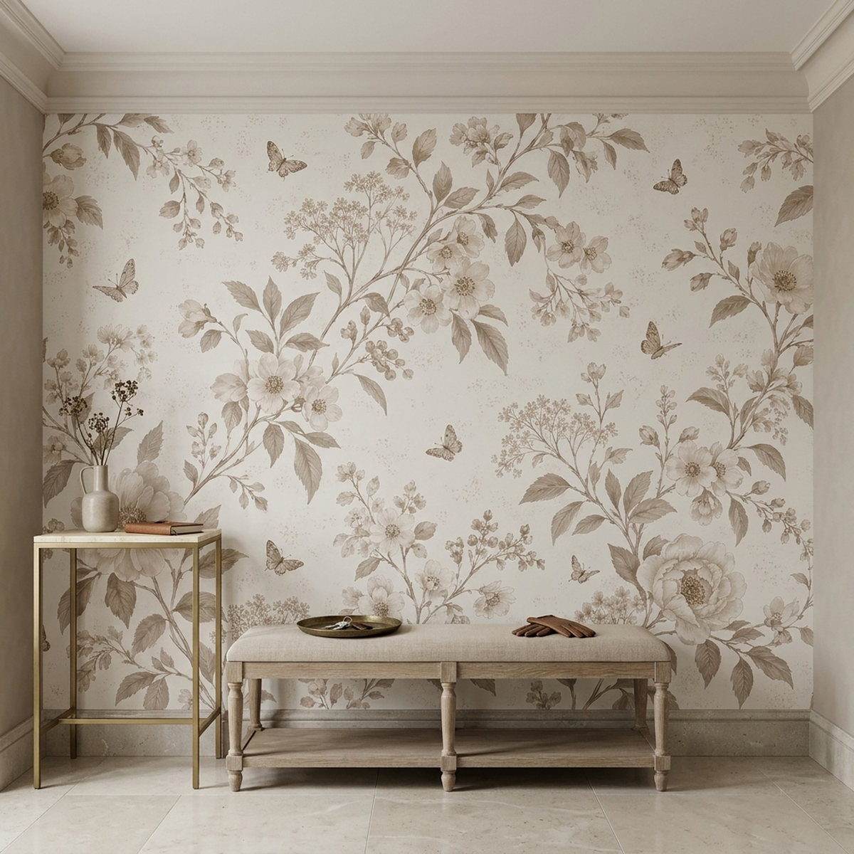 Sepia Floral Branches Wallpaper Neutral Vintage Wall Mural