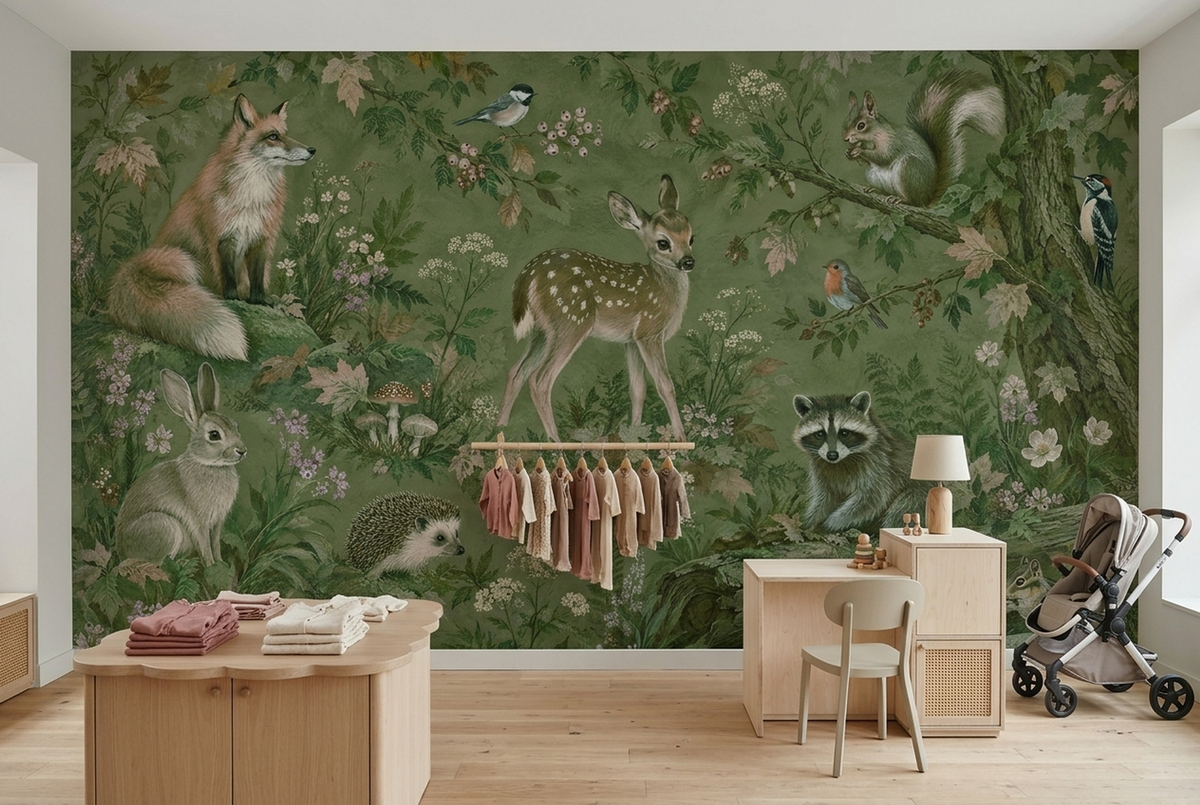 Woodland Animal Illustration Wallpaper Vintage Forest Wall Mural
