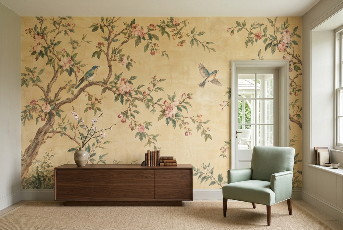 Blossoming Branches And Birds Wallpaper Antique Style Wall Mural
