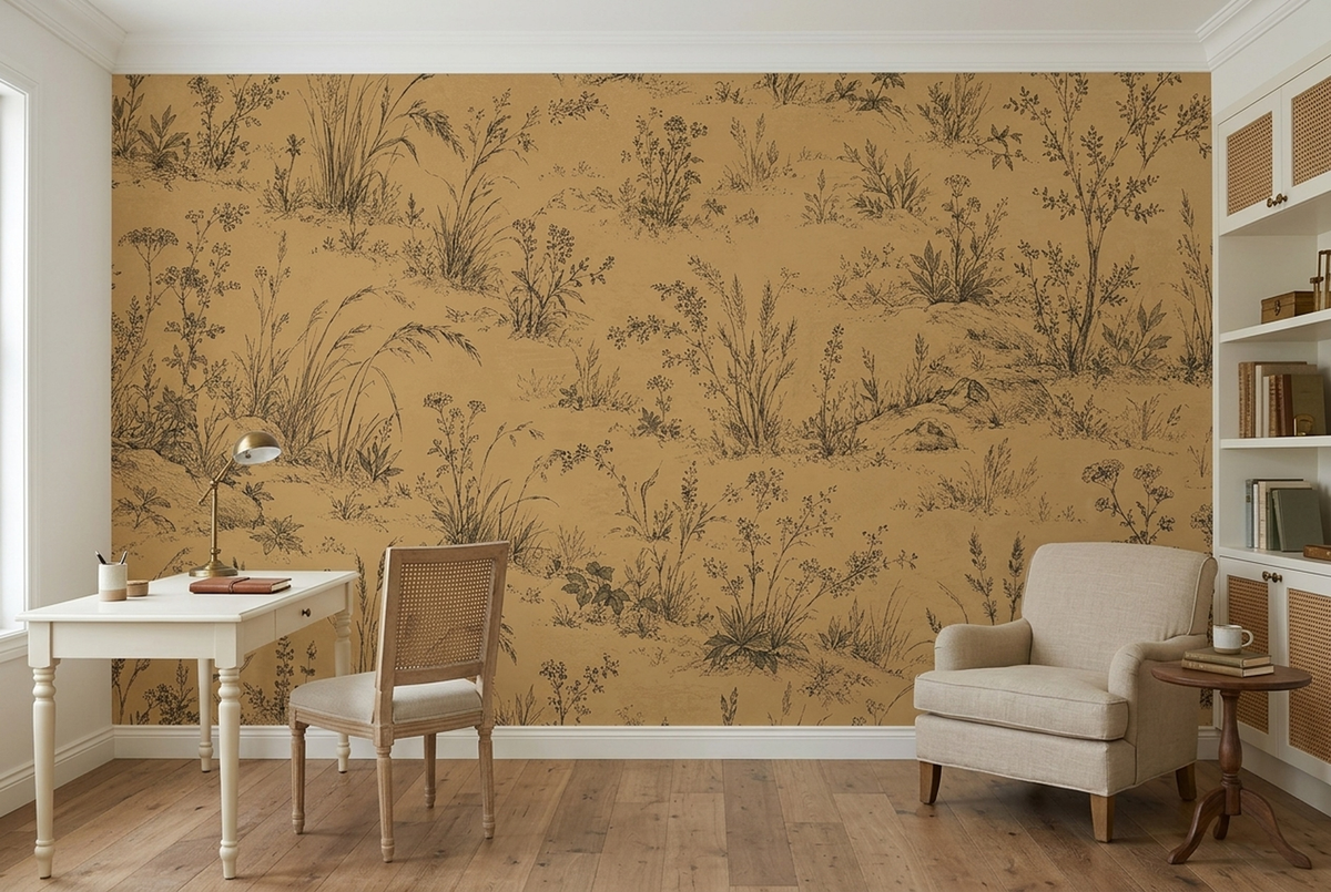 Sepia Meadow Botanicals Wallpaper Vintage Toile Wall Mural
