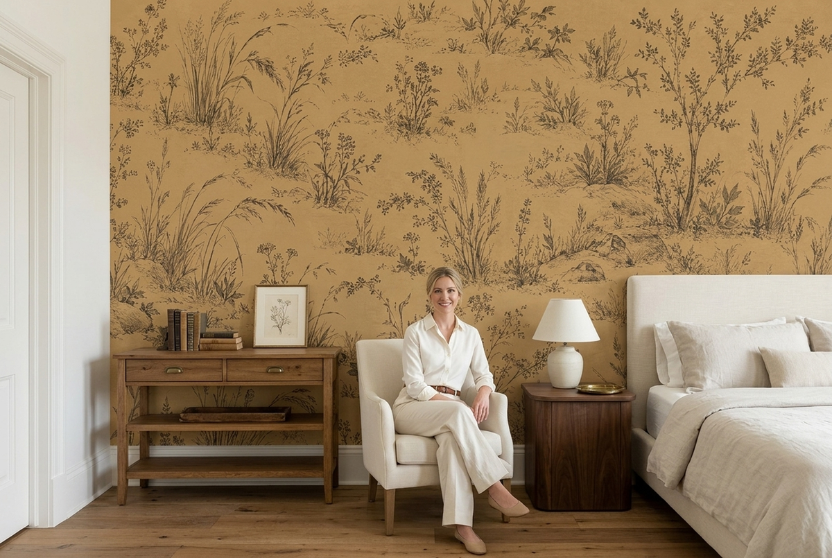 Sepia Meadow Botanicals Wallpaper Vintage Toile Wall Mural