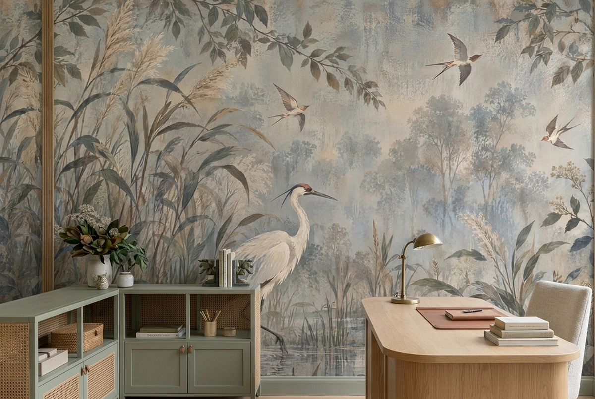 Heron In Marshland Wallpaper Watercolor Style Wall Mural