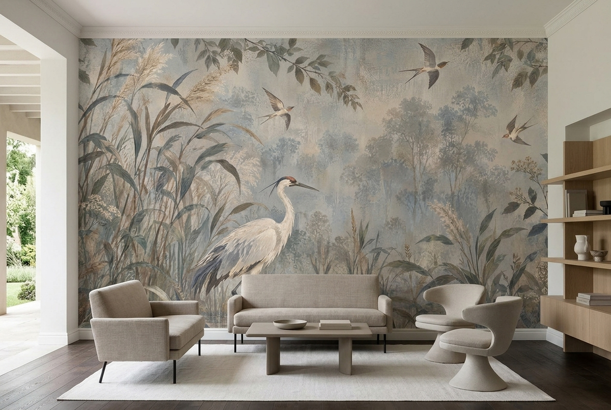 Heron In Marshland Wallpaper Watercolor Style Wall Mural