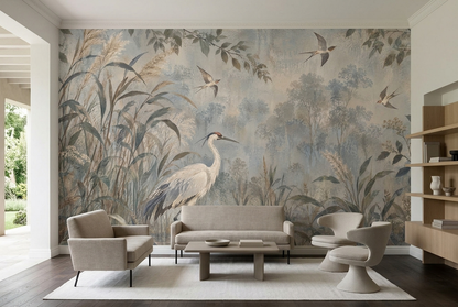 Heron In Marshland Wallpaper Watercolor Style Wall Mural