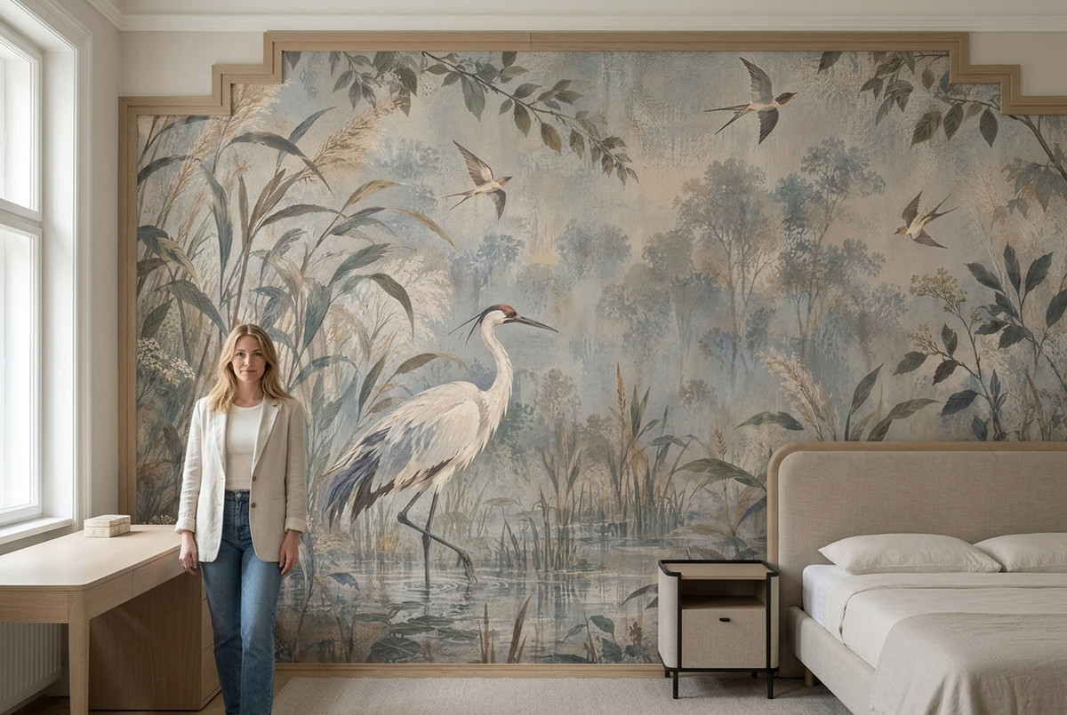 Heron In Marshland Wallpaper Watercolor Style Wall Mural