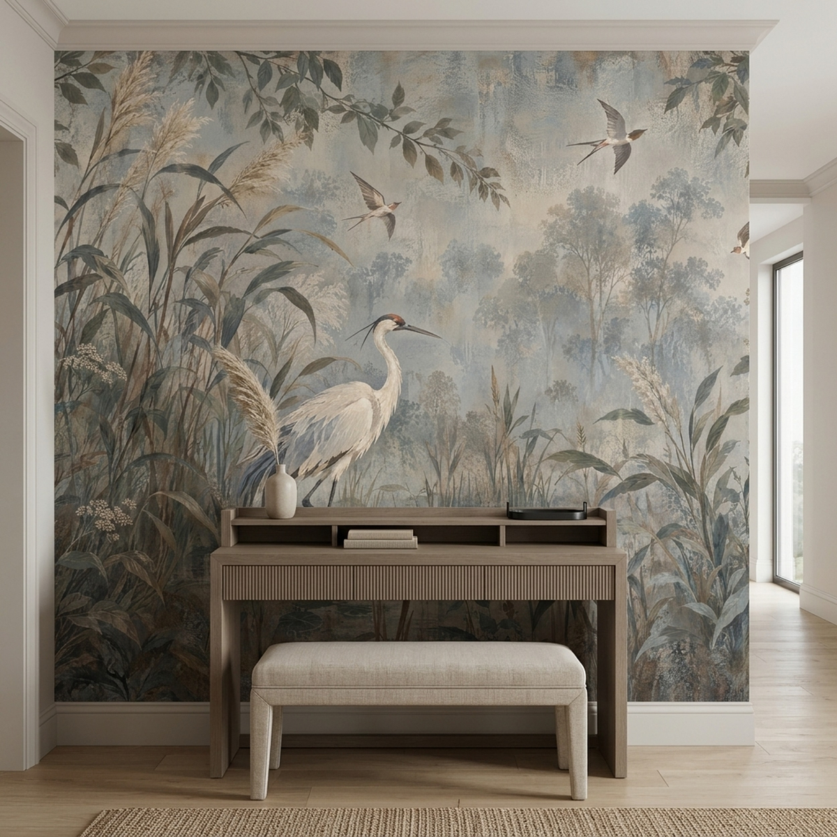 Heron In Marshland Wallpaper Watercolor Style Wall Mural