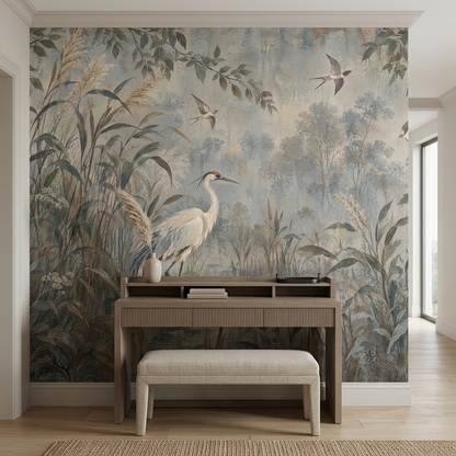 Heron In Marshland Wallpaper Watercolor Style Wall Mural