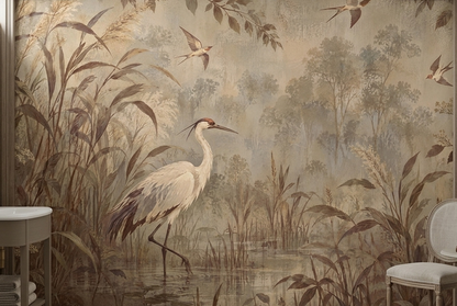 White Heron Marsh Wallpaper Vintage Nature Wall Mural