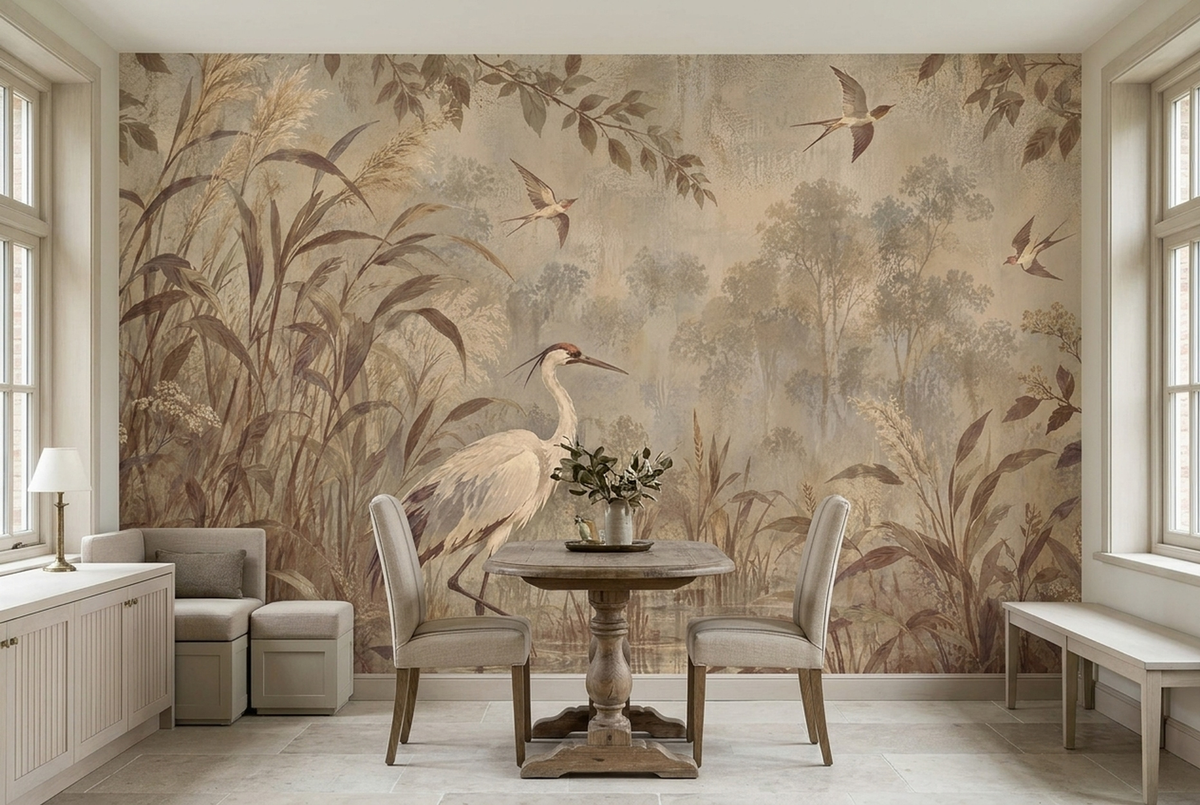 White Heron Marsh Wallpaper Vintage Nature Wall Mural