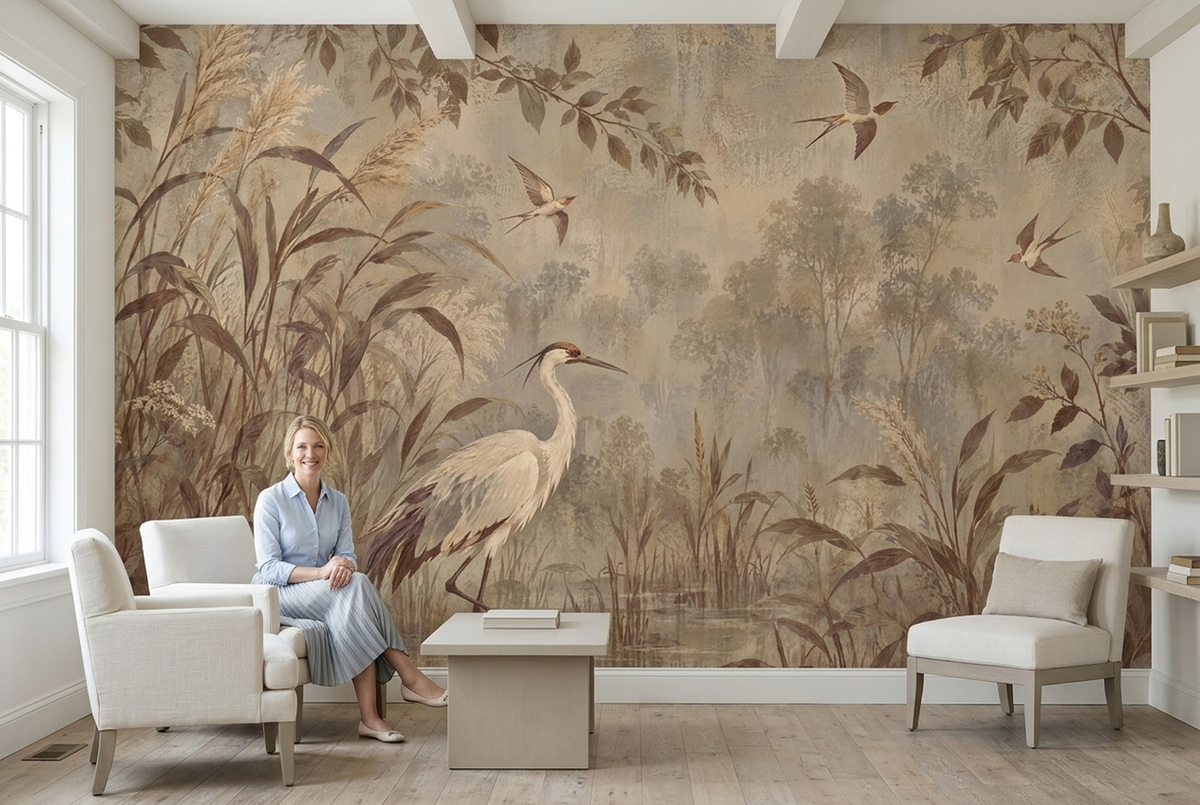 White Heron Marsh Wallpaper Vintage Nature Wall Mural