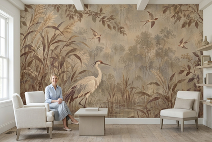 White Heron Marsh Wallpaper Vintage Nature Wall Mural