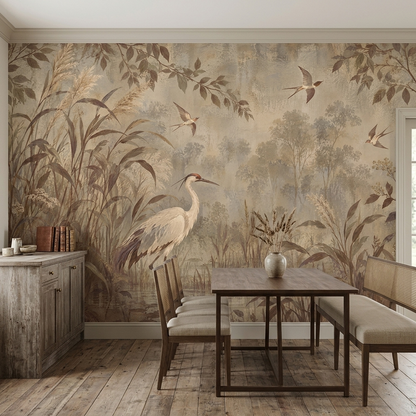 White Heron Marsh Wallpaper Vintage Nature Wall Mural