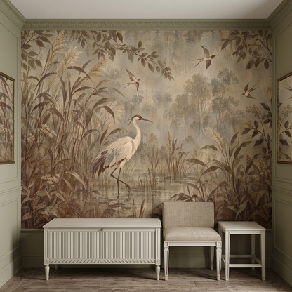 White Heron Marsh Wallpaper Vintage Nature Wall Mural