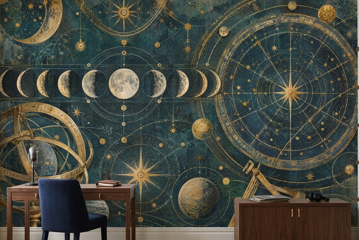 Antique Astronomy Moon Phases Wallpaper Navy Gold Wall Mural