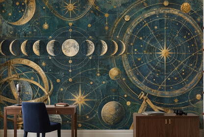 Antique Astronomy Moon Phases Wallpaper Navy Gold Wall Mural