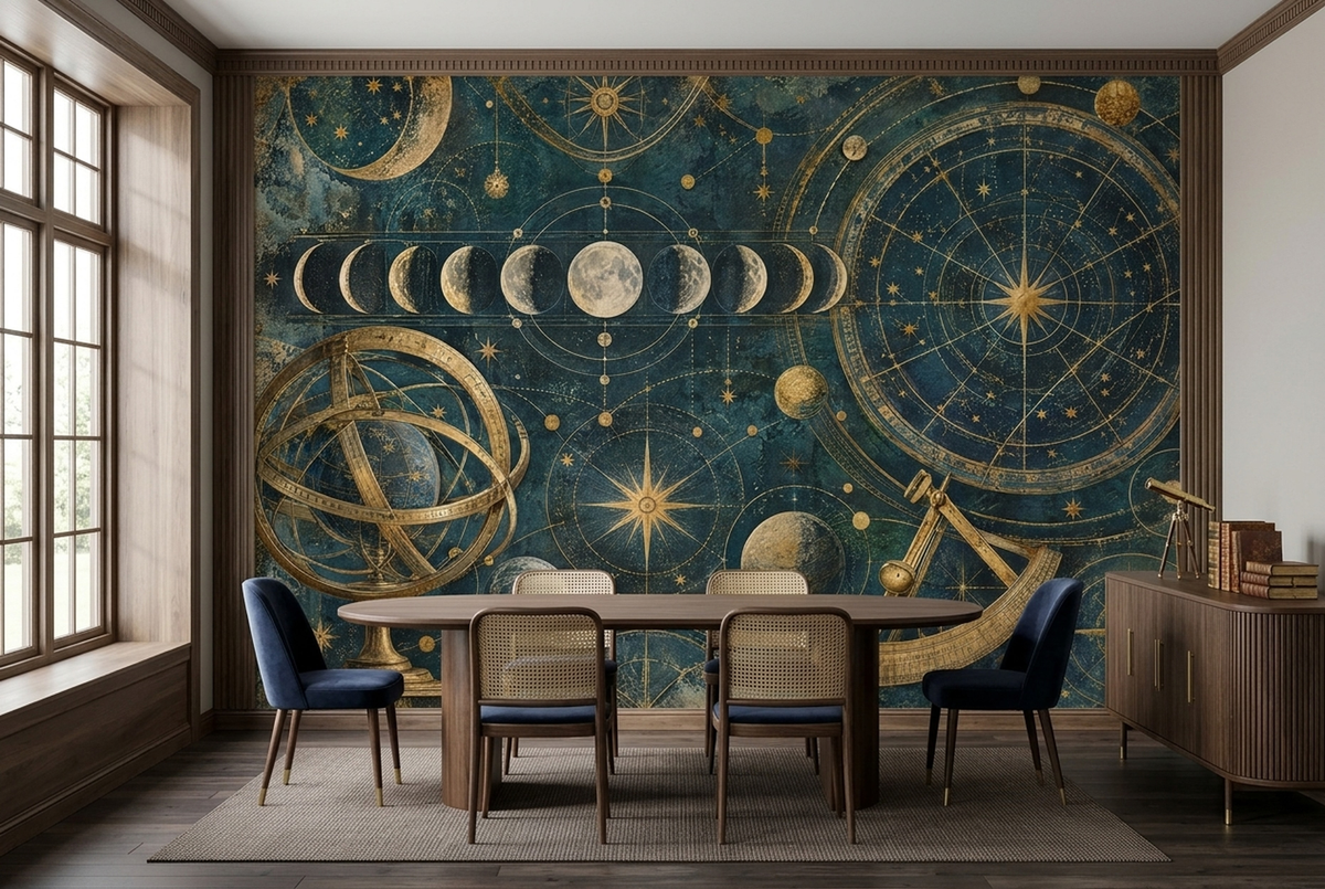 Antique Astronomy Moon Phases Wallpaper Navy Gold Wall Mural