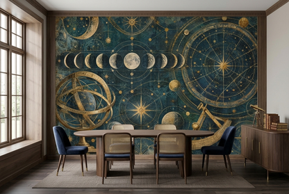 Antique Astronomy Moon Phases Wallpaper Navy Gold Wall Mural
