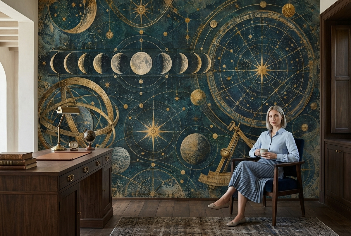 Antique Astronomy Moon Phases Wallpaper Navy Gold Wall Mural