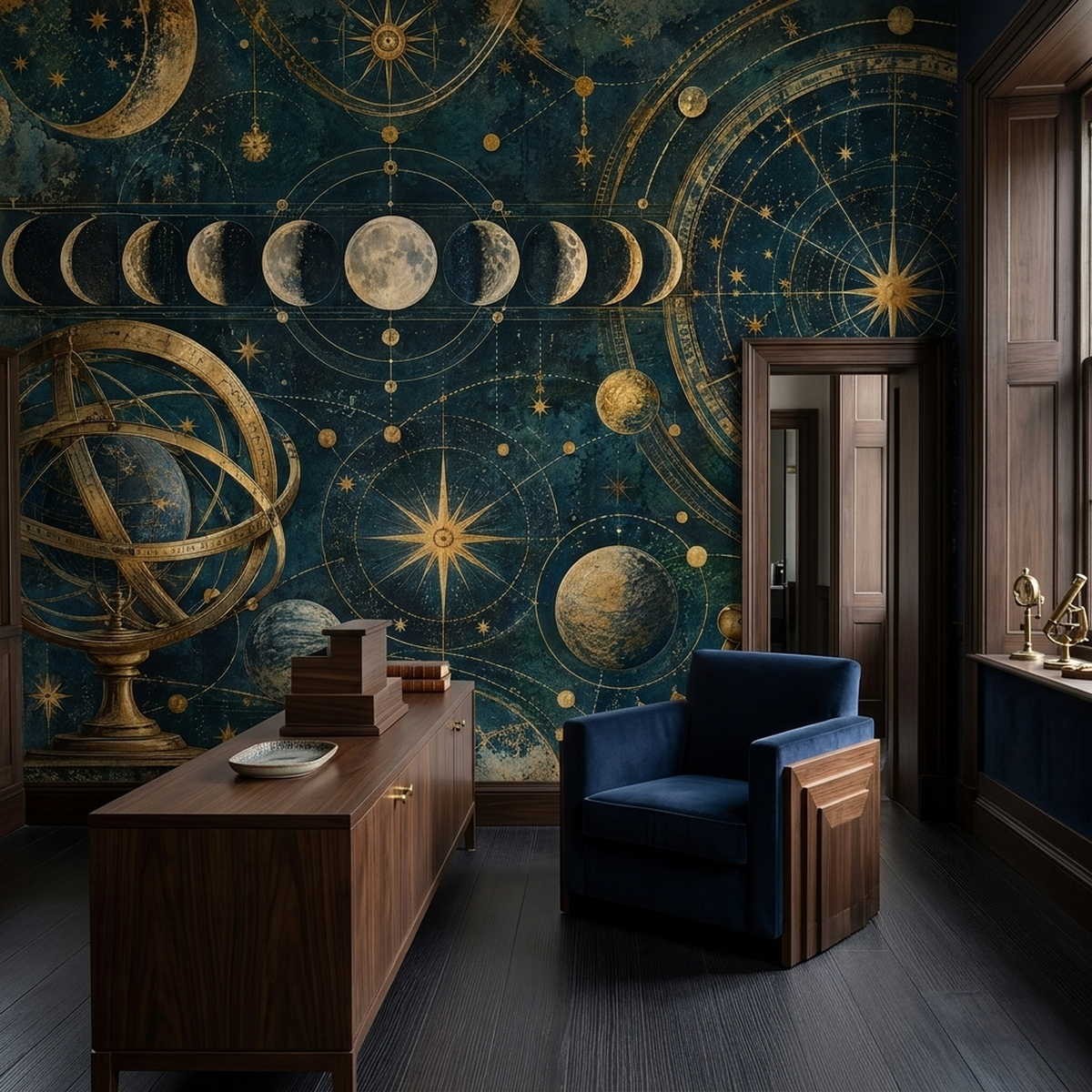 Antique Astronomy Moon Phases Wallpaper Navy Gold Wall Mural