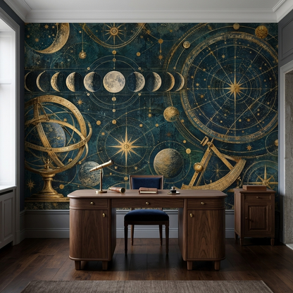 Antique Astronomy Moon Phases Wallpaper Navy Gold Wall Mural
