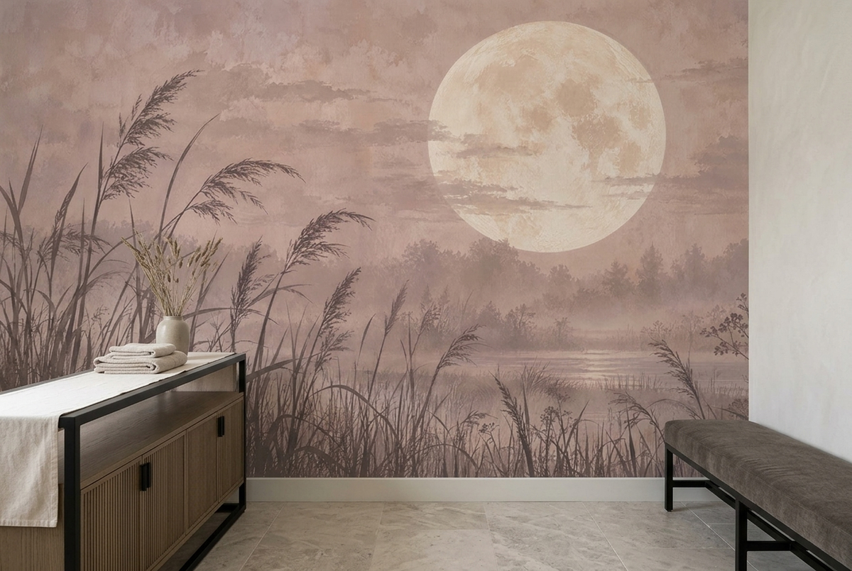 Full Moon Misty Wetland Wallpaper Watercolor Landscape Wall Mural