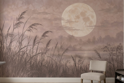 Full Moon Misty Wetland Wallpaper Watercolor Landscape Wall Mural