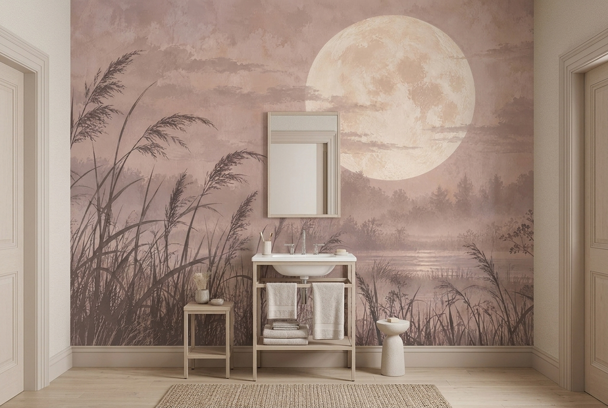 Full Moon Misty Wetland Wallpaper Watercolor Landscape Wall Mural