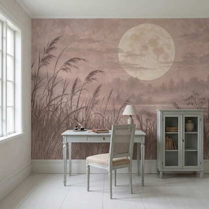 Full Moon Misty Wetland Wallpaper Watercolor Landscape Wall Mural
