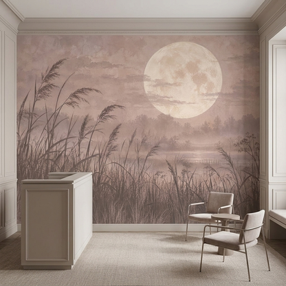 Full Moon Misty Wetland Wallpaper Watercolor Landscape Wall Mural