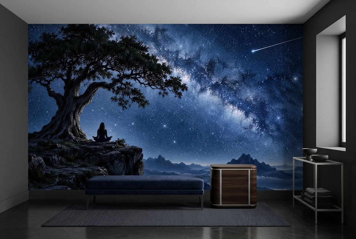 Meditating Figure Under Tree Wallpaper Milky Way Sky Wall Mural