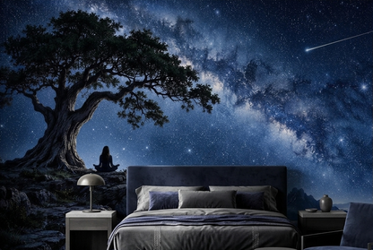 Meditating Figure Under Tree Wallpaper Milky Way Sky Wall Mural