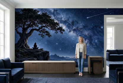 Meditating Figure Under Tree Wallpaper Milky Way Sky Wall Mural