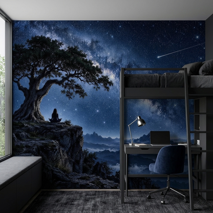 Meditating Figure Under Tree Wallpaper Milky Way Sky Wall Mural