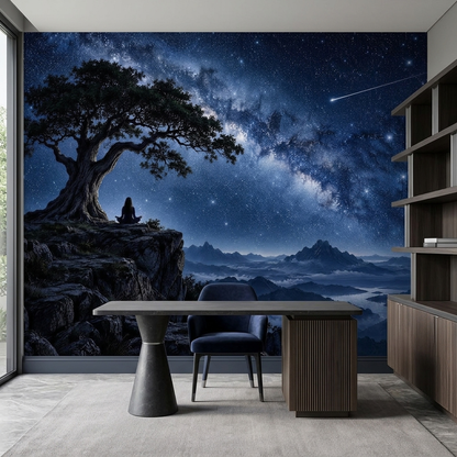 Meditating Figure Under Tree Wallpaper Milky Way Sky Wall Mural