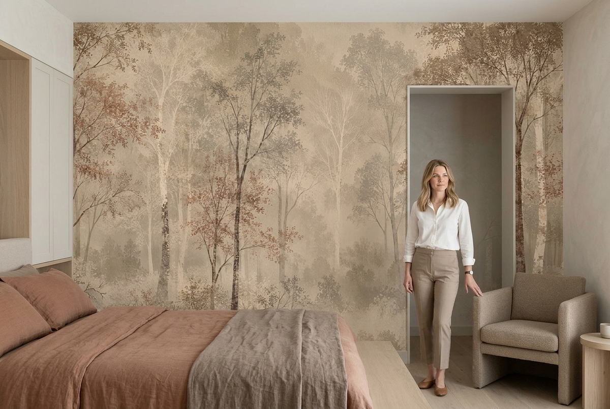 Layered Misty Forest Wallpaper Sepia Tones Wall Mural