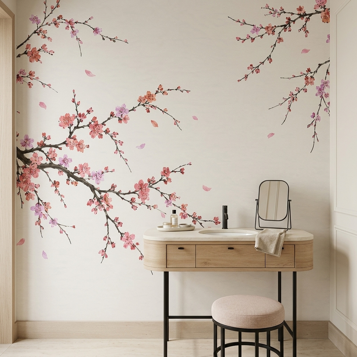 Cherry Blossom Branches Wallpaper Watercolor Botanical Wall Mural