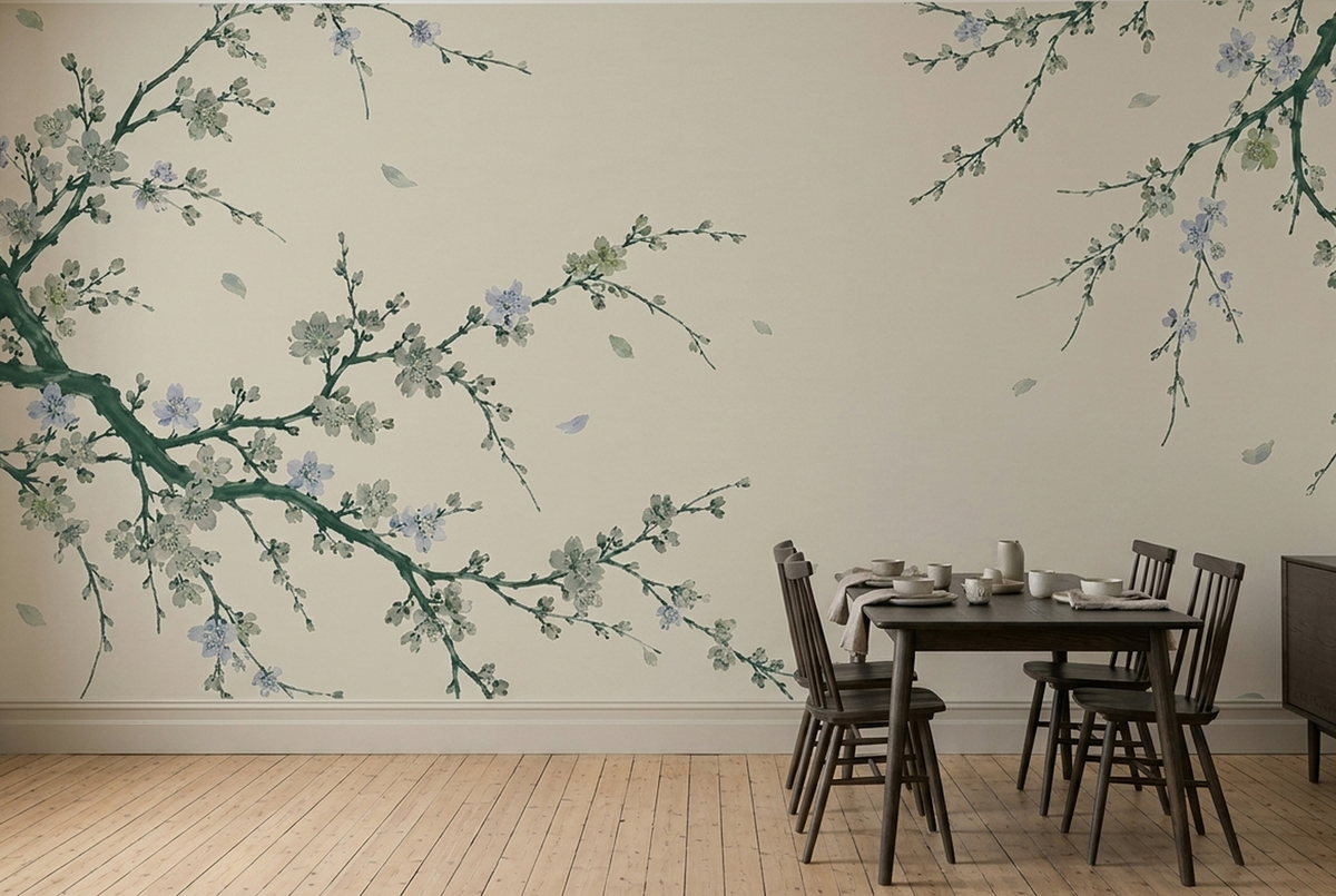 Blossoming Tree Branches Wallpaper Minimal Chinoiserie Wall Mural