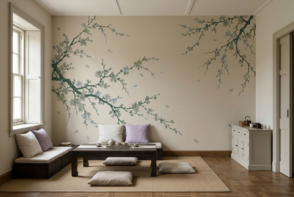 Blossoming Tree Branches Wallpaper Minimal Chinoiserie Wall Mural