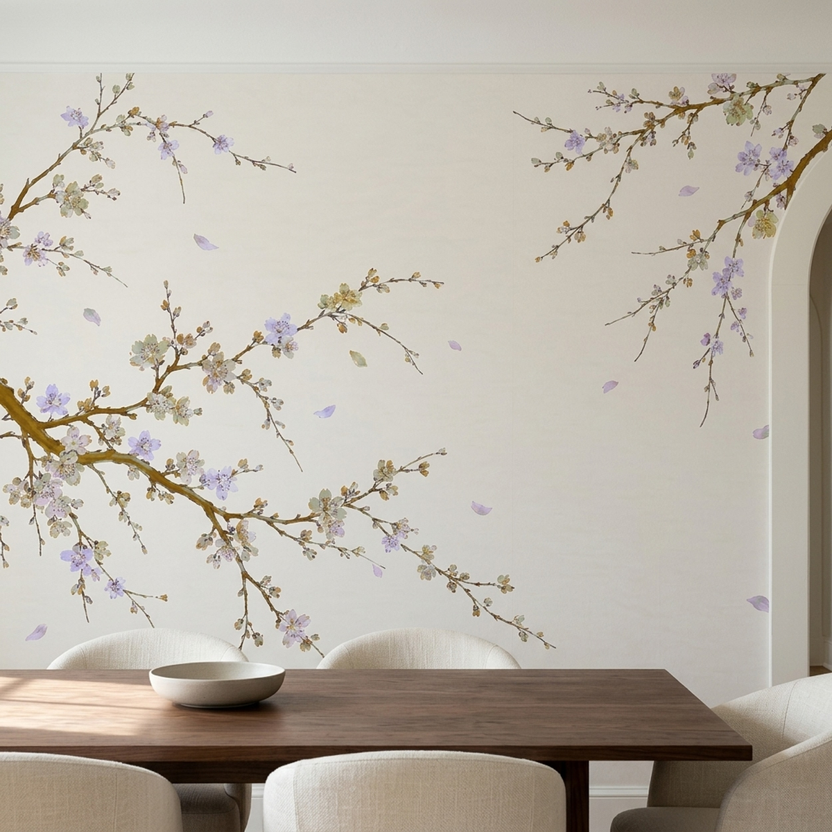 Delicate Blossom Branches Wallpaper Cream Background Wall Mural