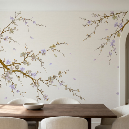Delicate Blossom Branches Wallpaper Cream Background Wall Mural