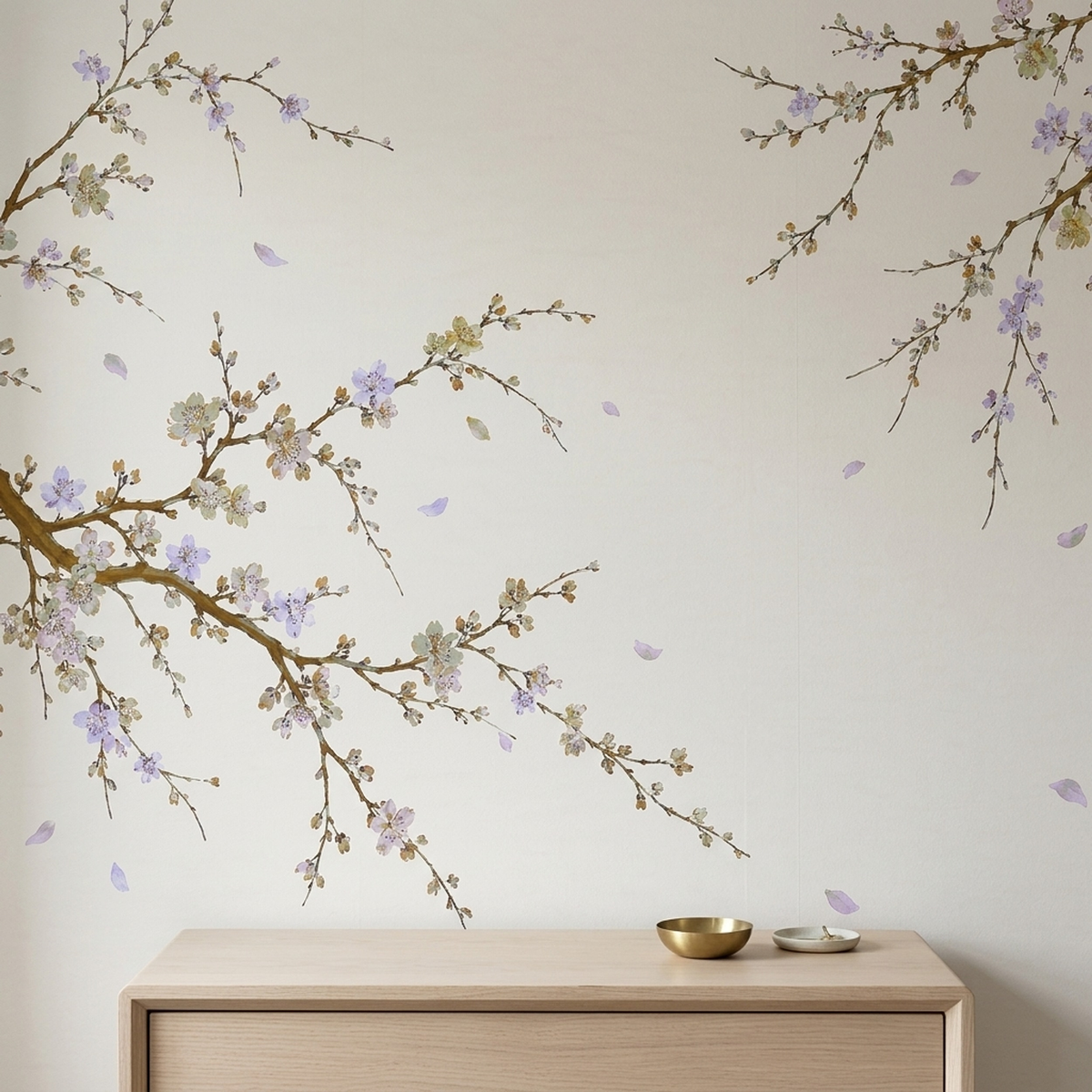 Delicate Blossom Branches Wallpaper Cream Background Wall Mural