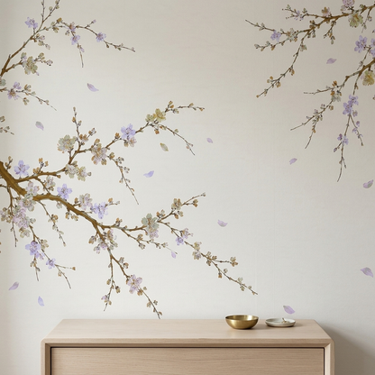Delicate Blossom Branches Wallpaper Cream Background Wall Mural